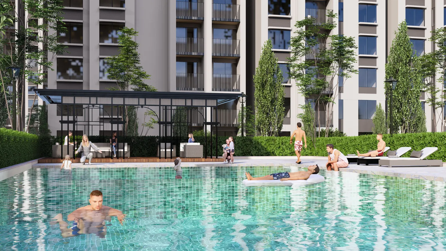 Resort-style swimming pool with poolside cabana