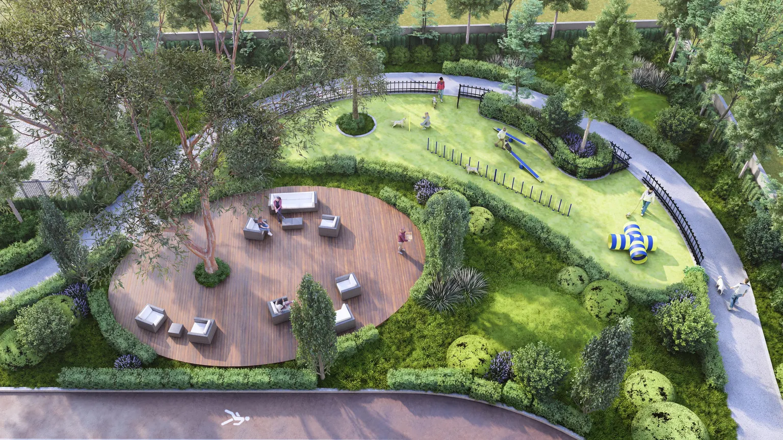Pet park and dog agility zone with lounge deck