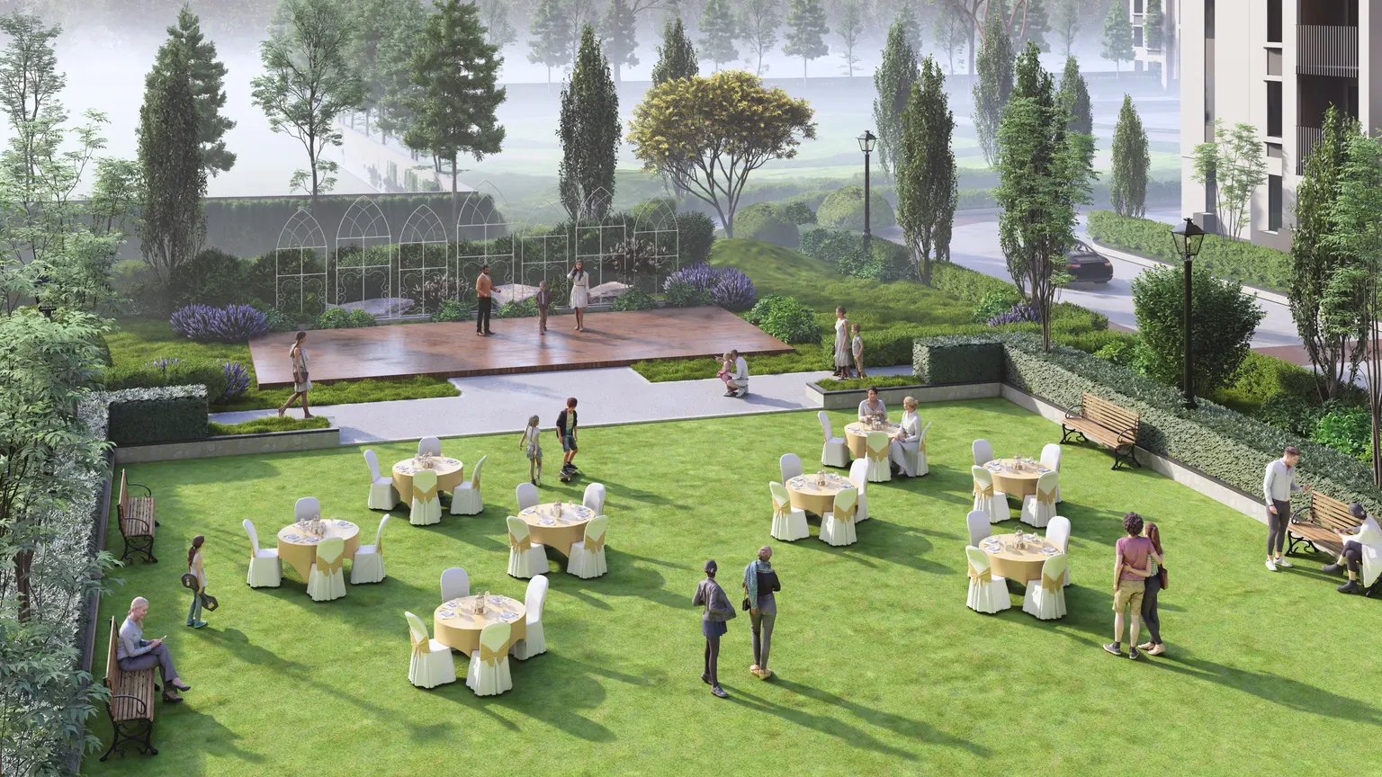 Event lawn with banquet seating and garden stage