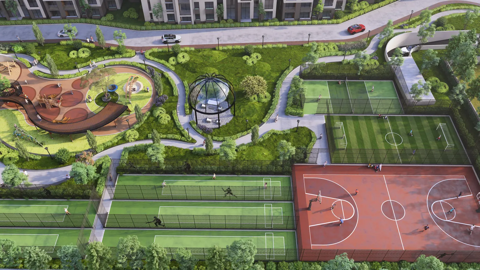Sports arena — basketball, football turf and tennis courts