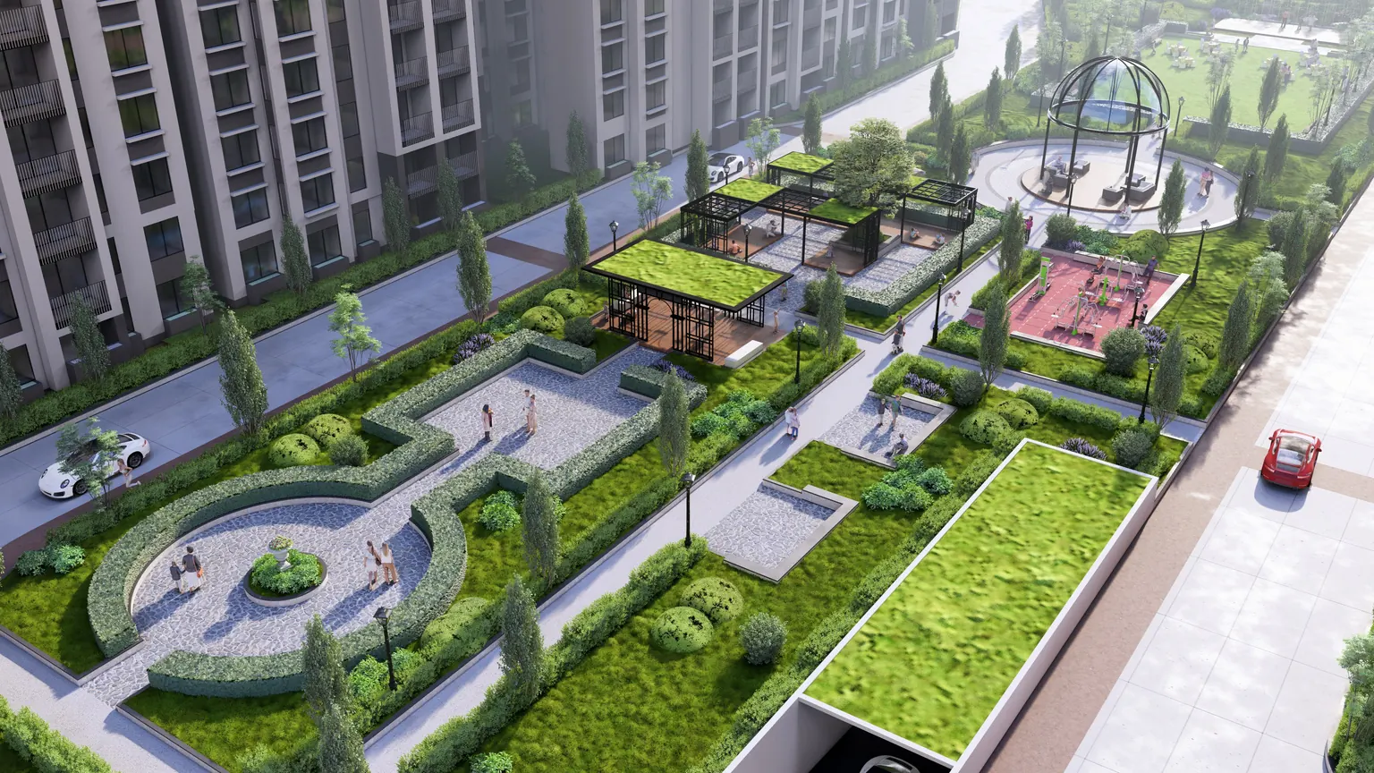 Central landscaped courtyard with dome pavilion