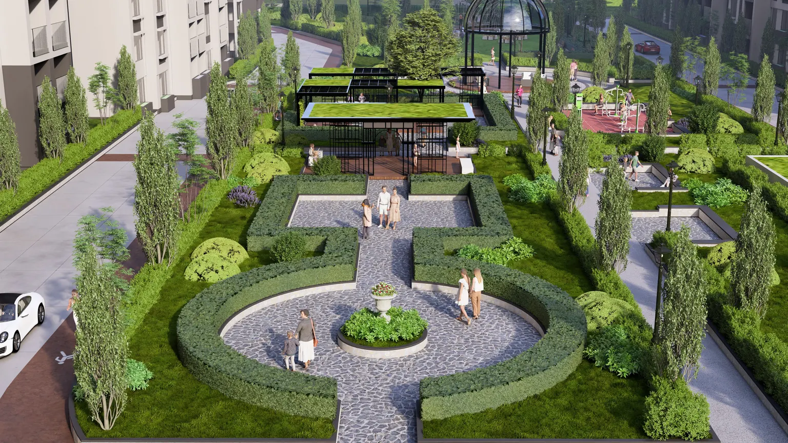 Formal garden promenade with pergola lounges