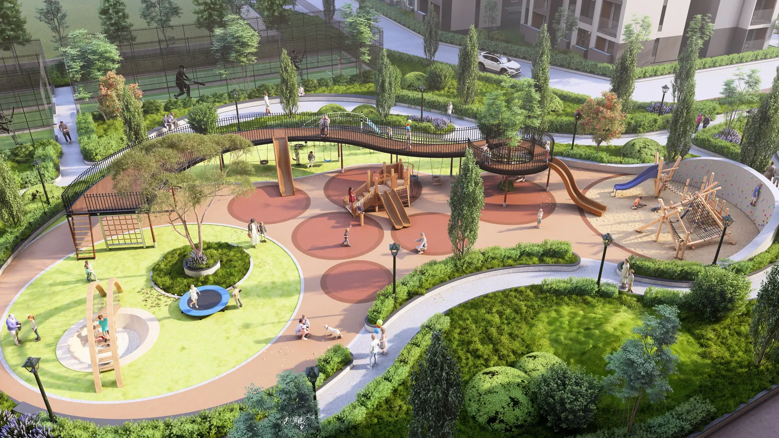 Kids' adventure park with trampoline and sandpit