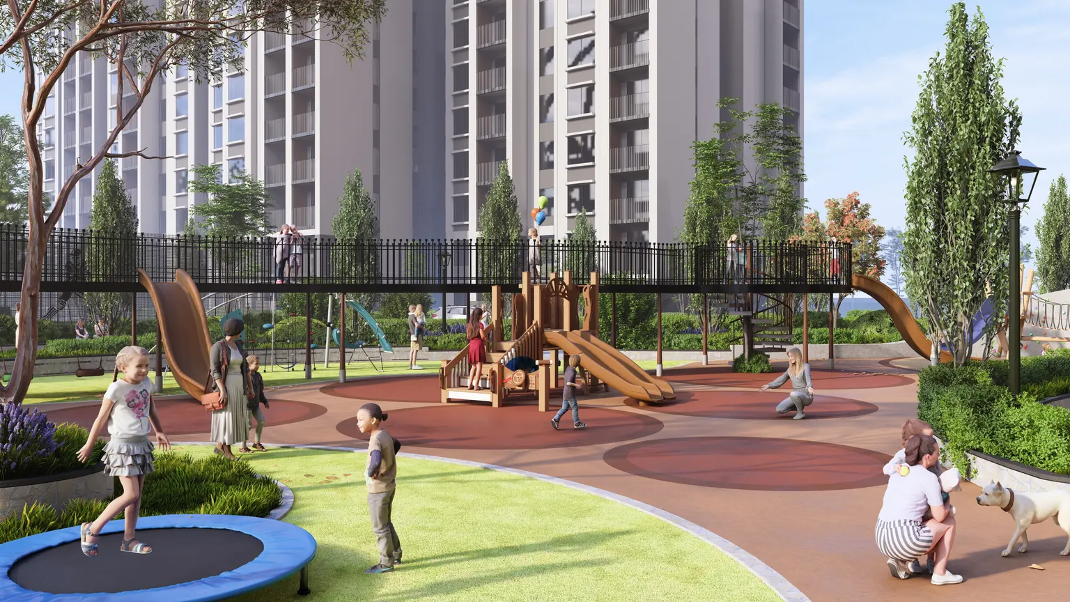 Children's playground beneath the elevated walkway