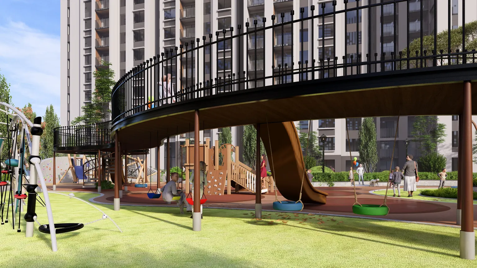 Adventure play zone with swings and climbing wall