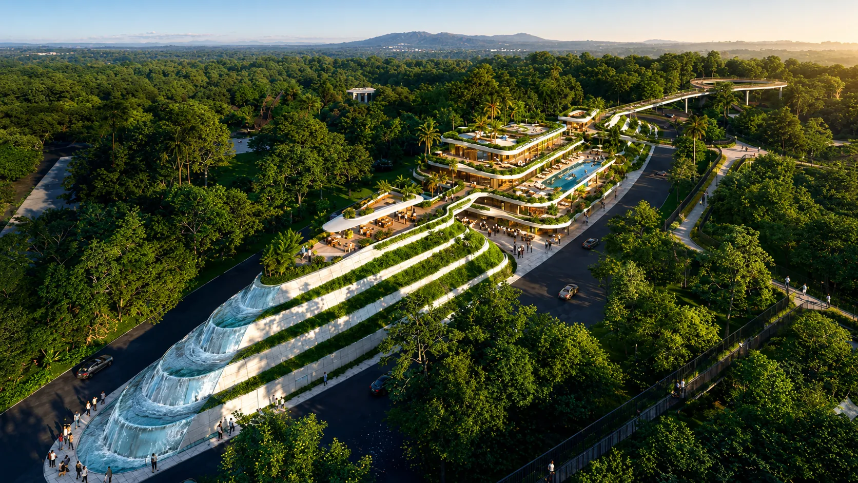 Aerial view of the clubhouse, waterfall and forest